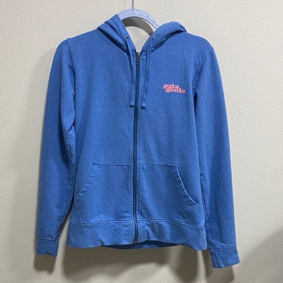Patagonia Blue Pink Logo Organic Cotton Zip Hoodie Size Small - Picture 3 of 12
